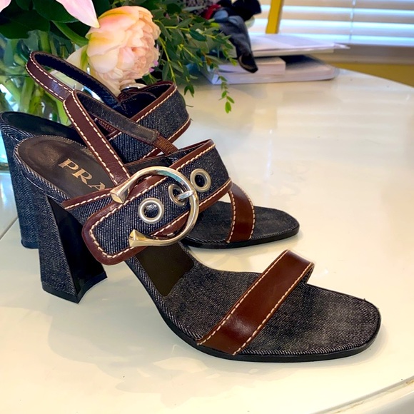 🎩Like new Prada heels perfect condition🎁denim and leather flared heel sandals - Picture 1 of 4